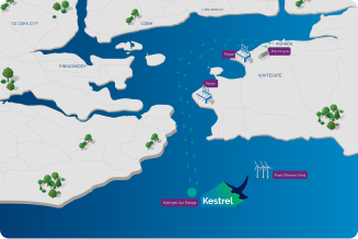 An infographic showing a map of the Ringaskiddy, Cobh, Aghada, and Whitegate area in Co. Cork, with the location of Kestrel Hydrogen Gas Storage, power stations, an offshore windfarm, and electrolysis station indicated.